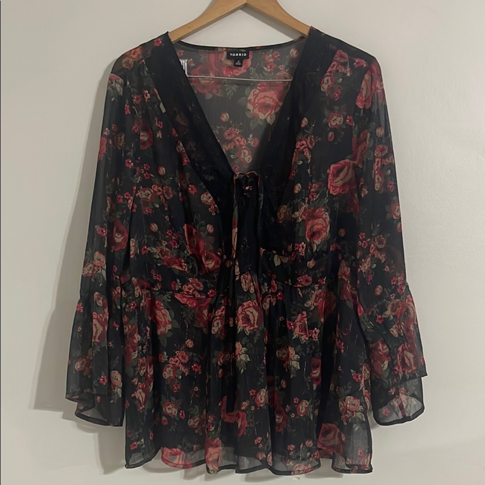 Torrid Women's Chiffon Floral lace trim Babydoll Blouse 2x